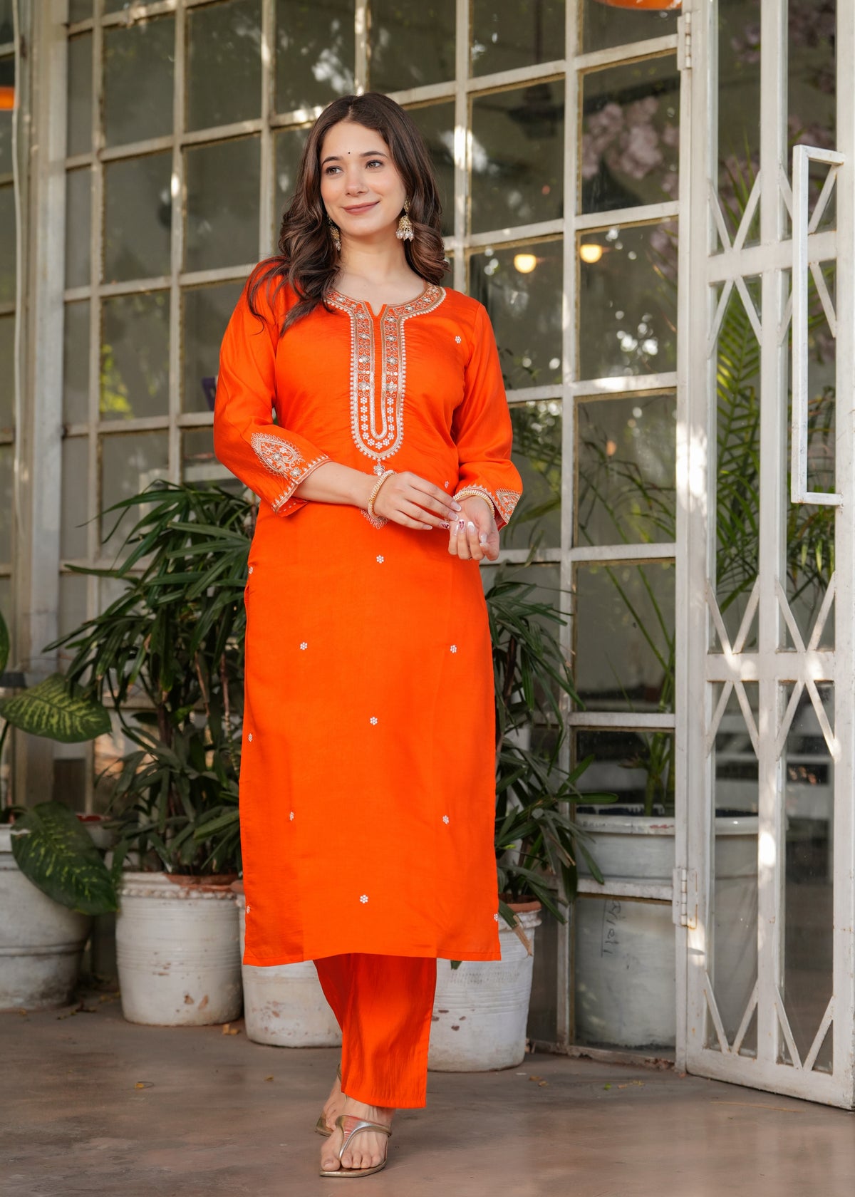 Designer Orange Chanderi Threadwork Kurta Set with Dupatta for Women