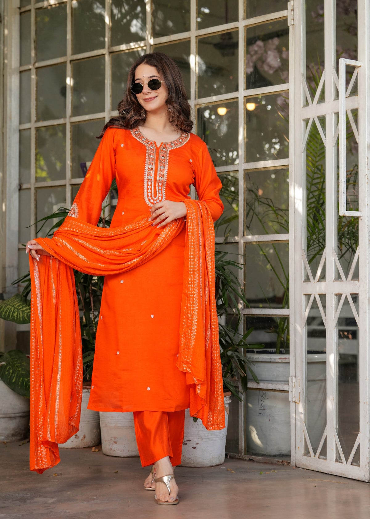 Designer Orange Chanderi Threadwork Kurta Set with Dupatta for Women