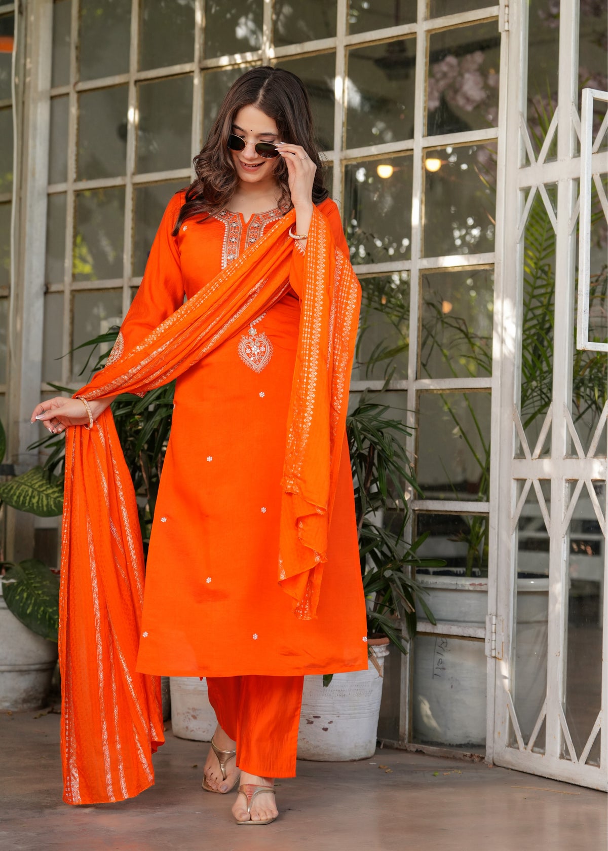 Designer Orange Chanderi Threadwork Kurta Set with Dupatta for Women