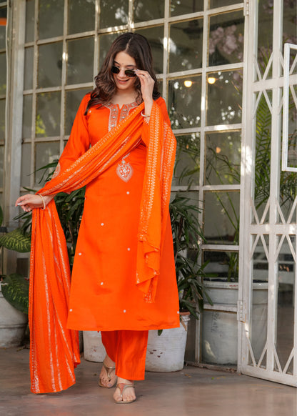 Designer Orange Chanderi Threadwork Kurta Set with Dupatta for Women