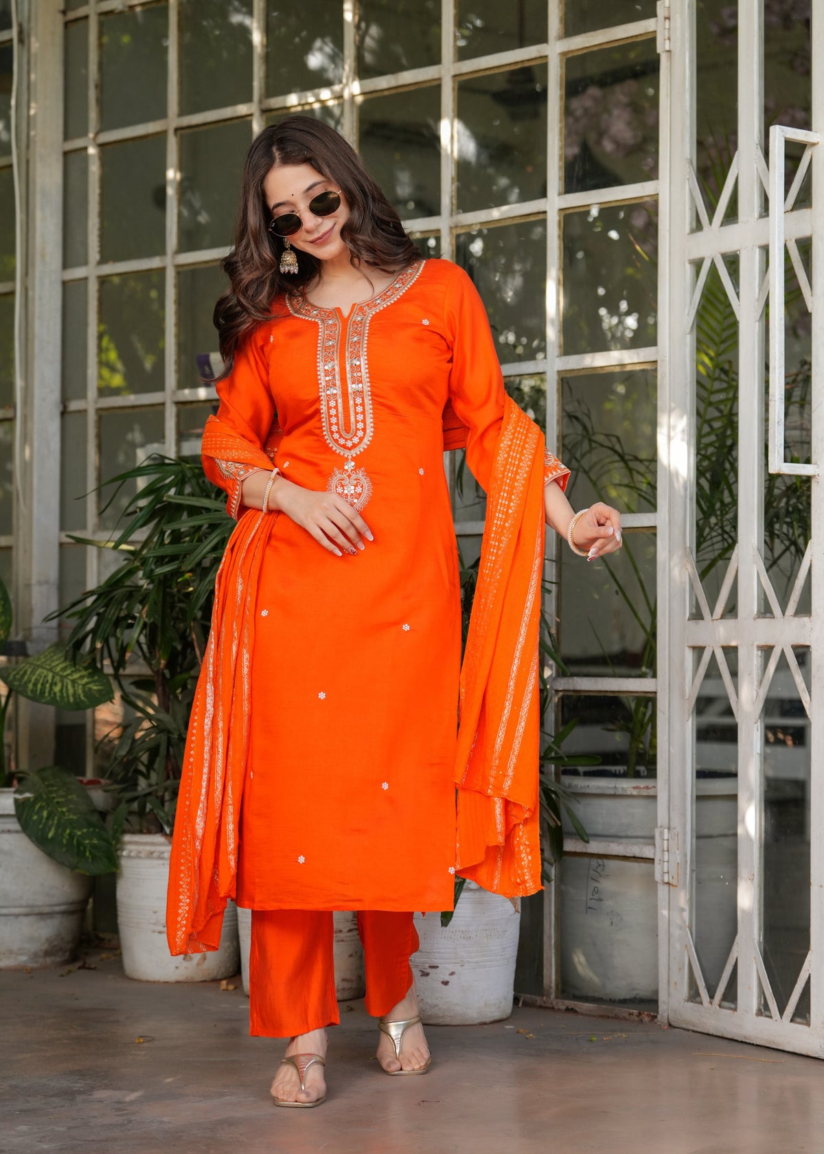 Designer Orange Chanderi Threadwork Kurta Set with Dupatta for Women