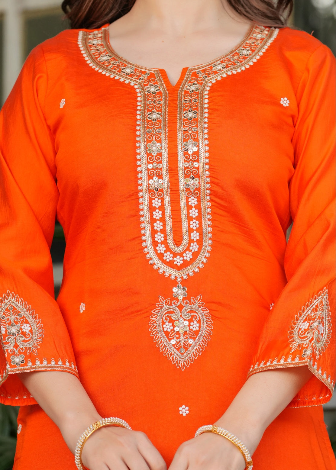 Designer Orange Chanderi Threadwork Kurta Set with Dupatta for Women