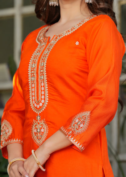 Designer Orange Chanderi Threadwork Kurta Set with Dupatta for Women