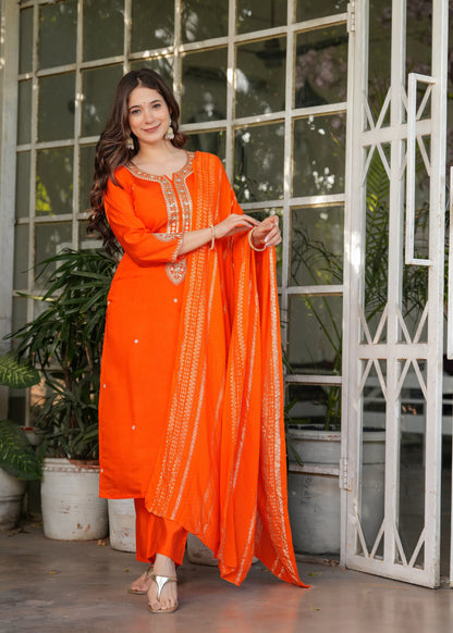 Designer Orange Chanderi Threadwork Kurta Set with Dupatta for Women