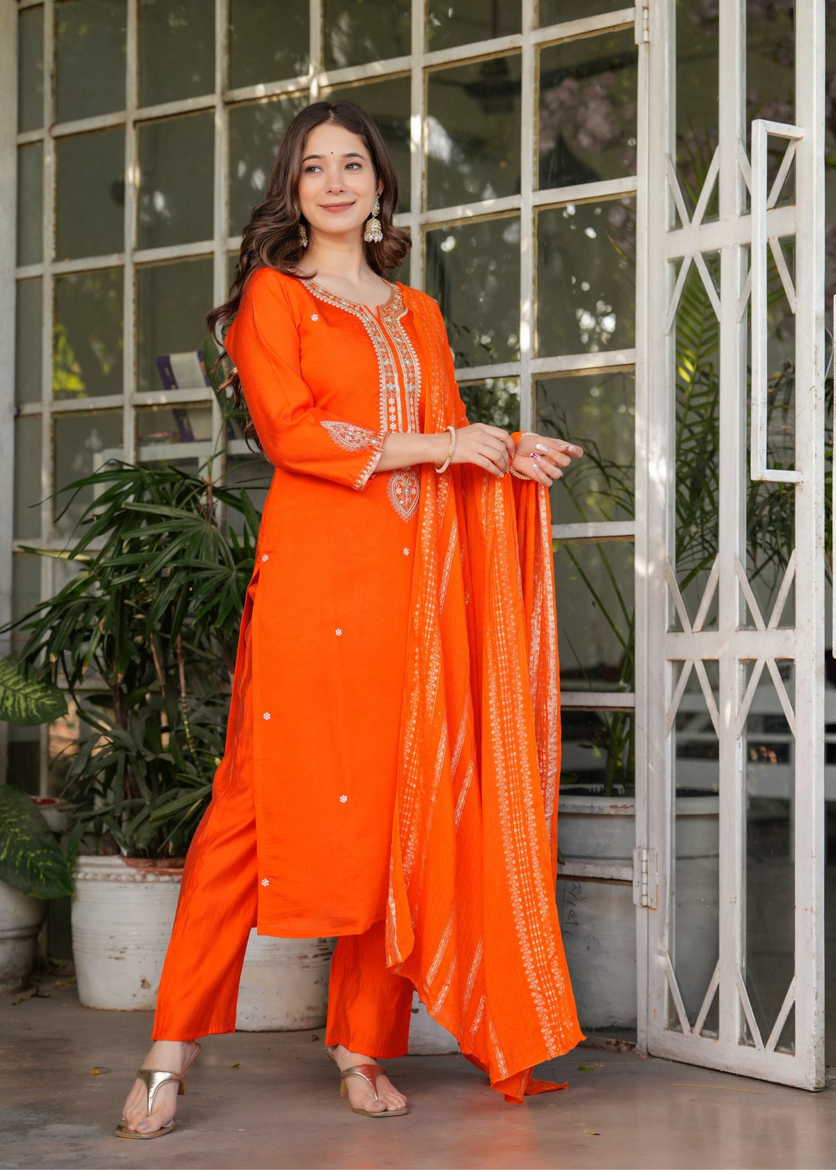 Designer Orange Chanderi Threadwork Kurta Set with Dupatta for Women