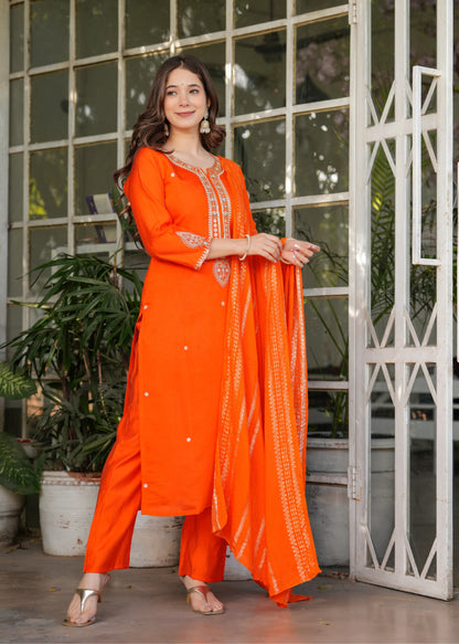 Designer Orange Chanderi Threadwork Kurta Set with Dupatta for Women