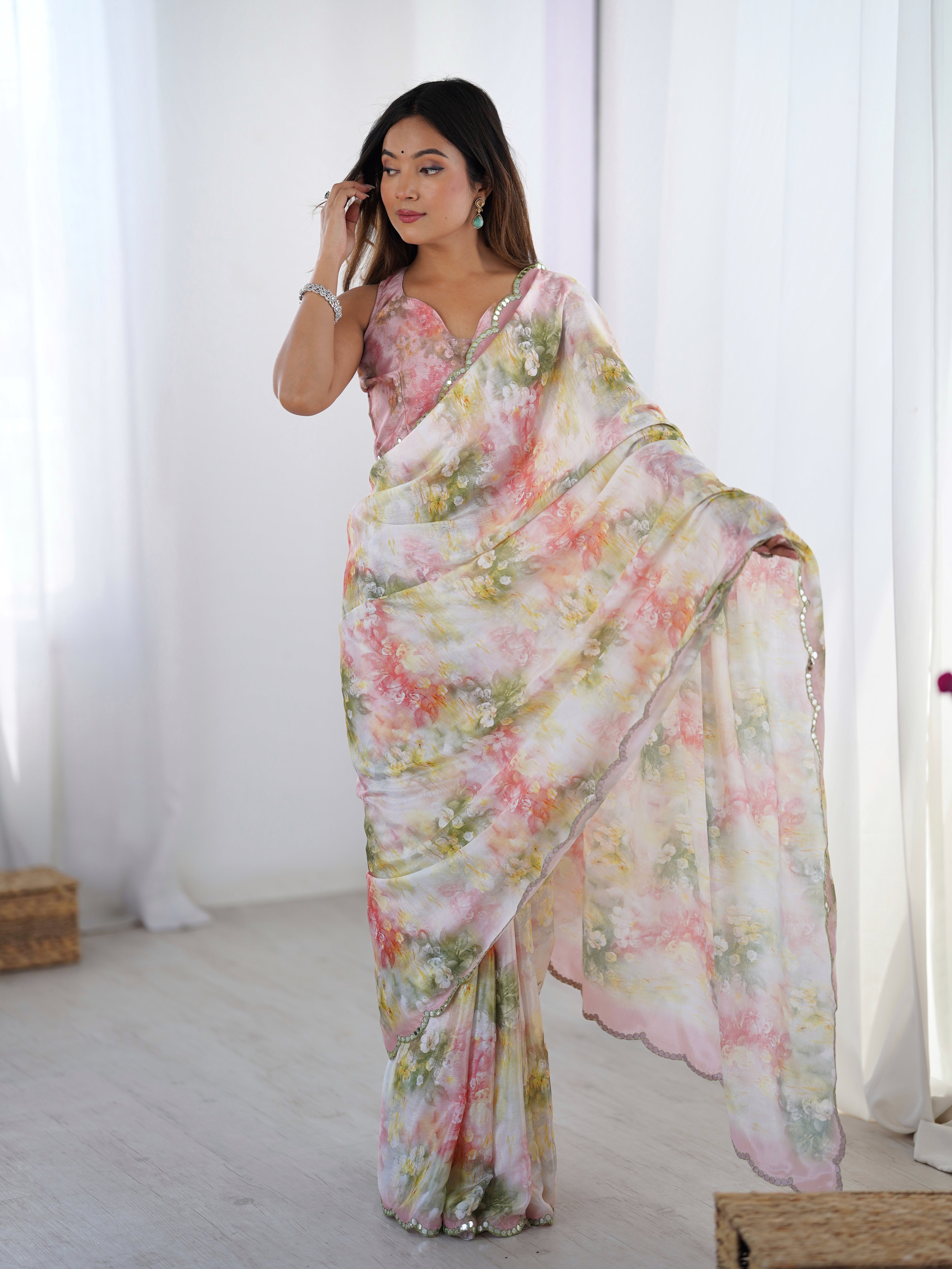 Designer Pastel Chinnon Saree with Floral Print