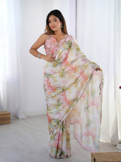 Designer Pastel Chinnon Saree with Floral Print for Women