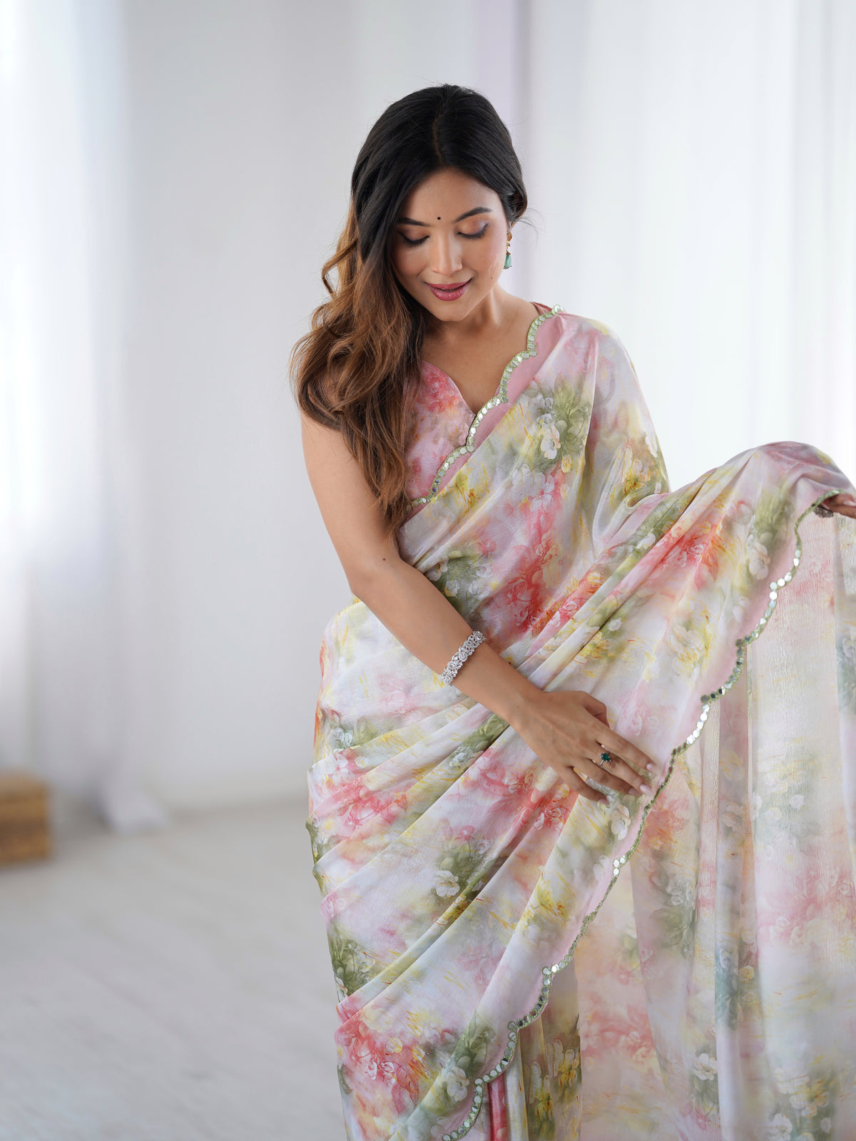 Designer Pastel Chinnon Saree with Floral Print for Women