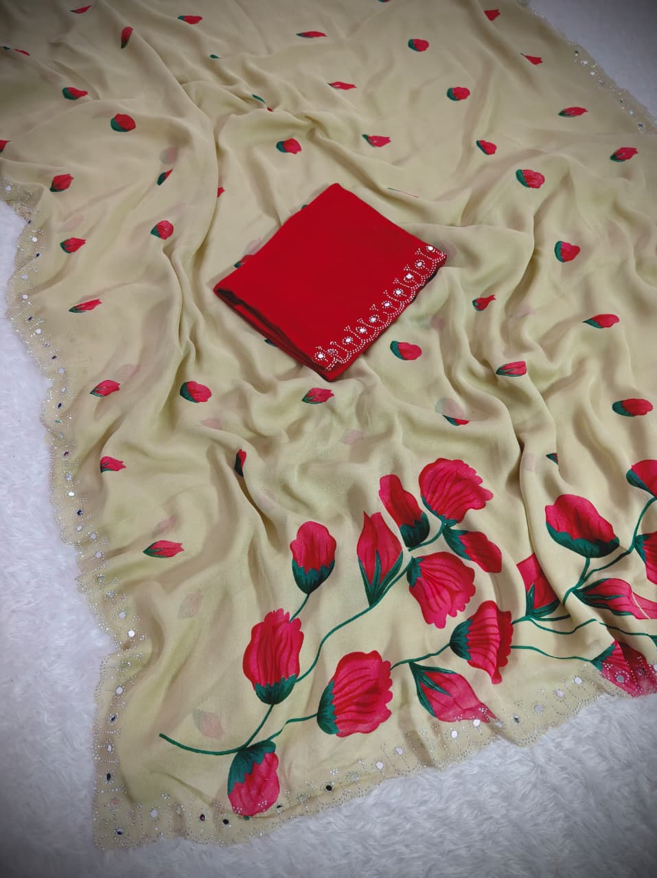 Designer Rose Floral Print Mirror Work Saree with Matching Blouse