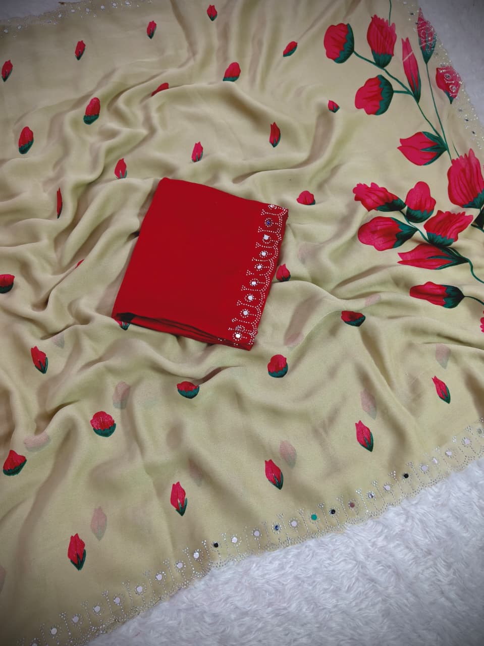 Designer Rose Floral Print Mirror Work Saree with Matching Blouse