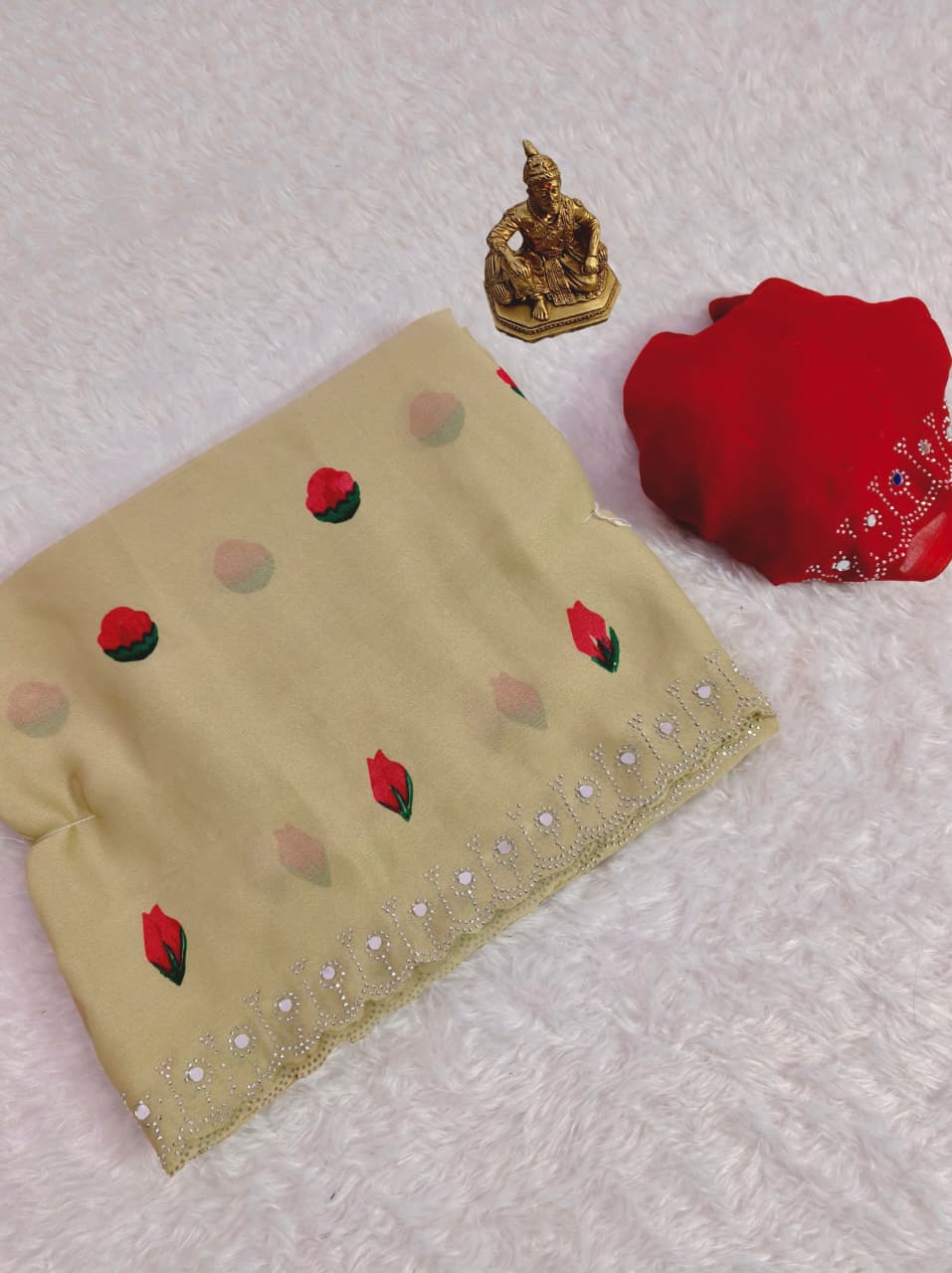 Designer Rose Floral Print Mirror Work Saree with Matching Blouse