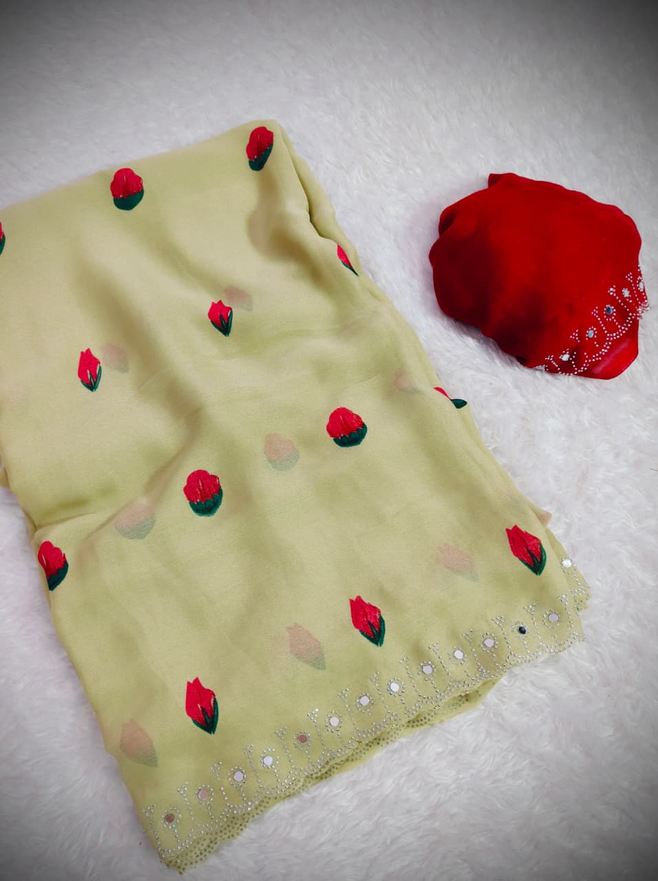 Designer Rose Floral Print Mirror Work Saree with Matching Blouse