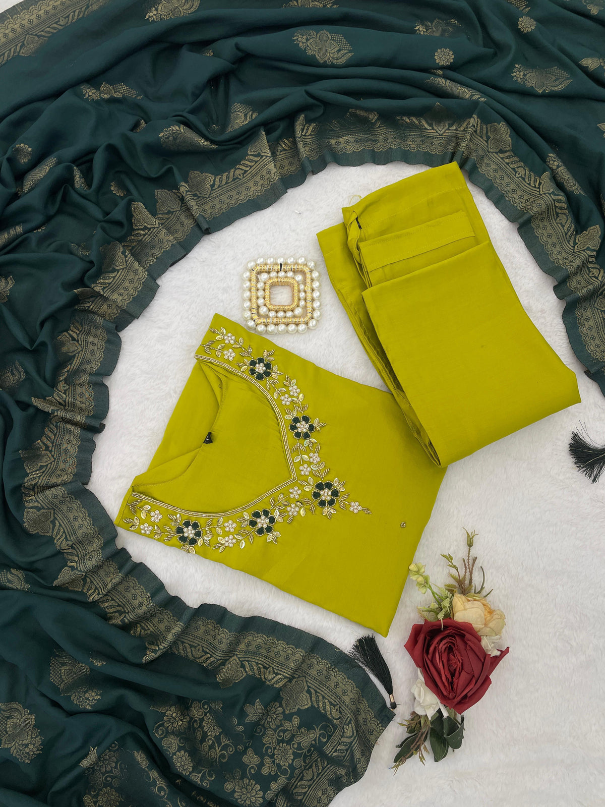 Designer Roman Silk Kurti Set with Jacquard Dupatta for Women