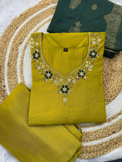 Designer Roman Silk Kurti Set with Jacquard Dupatta for Women