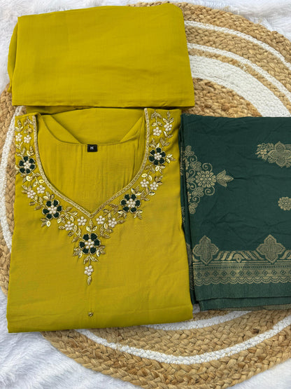 Designer Roman Silk Kurti Set with Jacquard Dupatta for Women