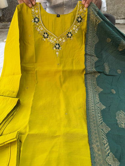 Designer Roman Silk Kurti Set with Jacquard Dupatta for Women