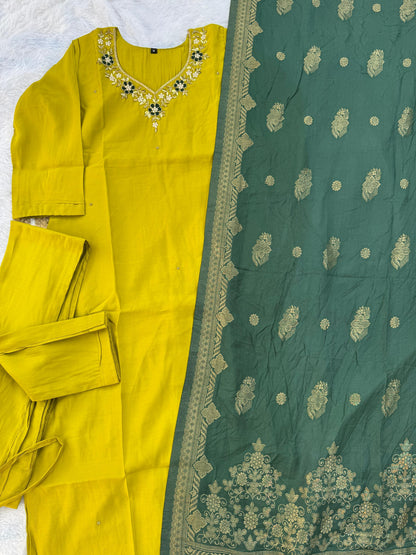 Designer Roman Silk Kurti Set with Jacquard Dupatta for Women