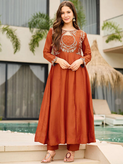 Designer Rust Anarkali Palazzo Dupatta Set for Women