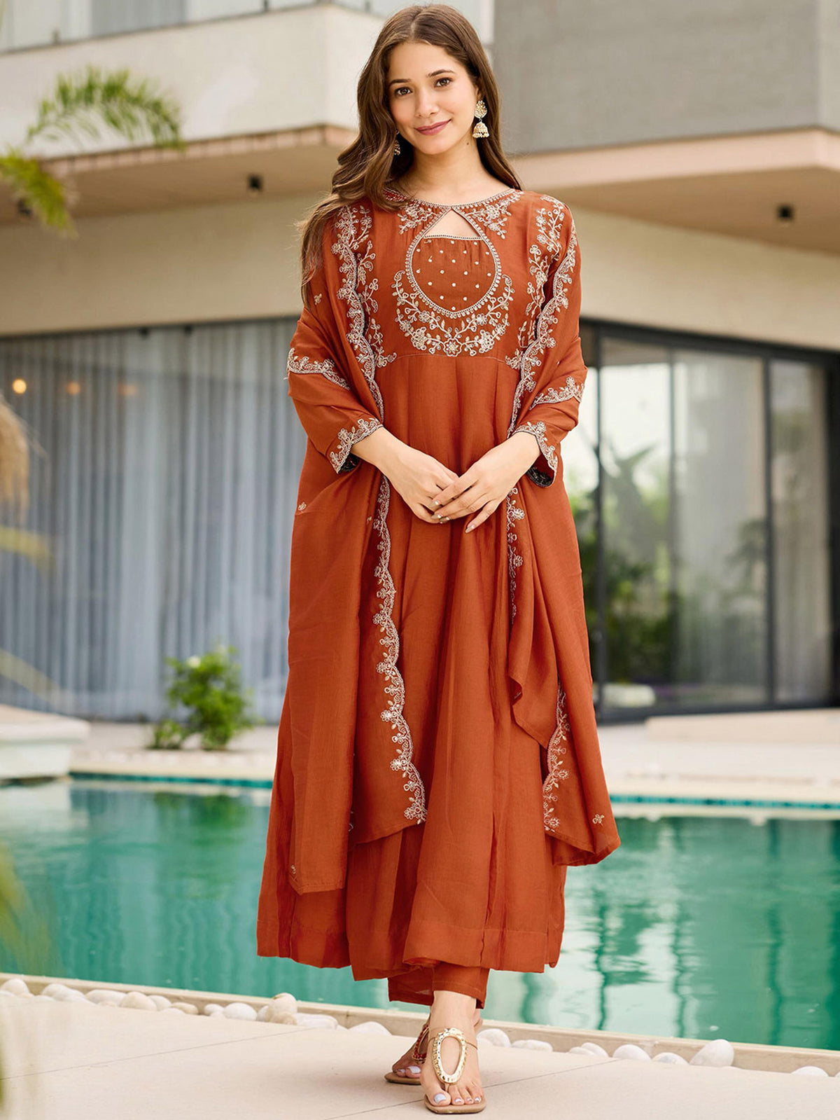 Designer Rust Anarkali Palazzo Dupatta Set for Women