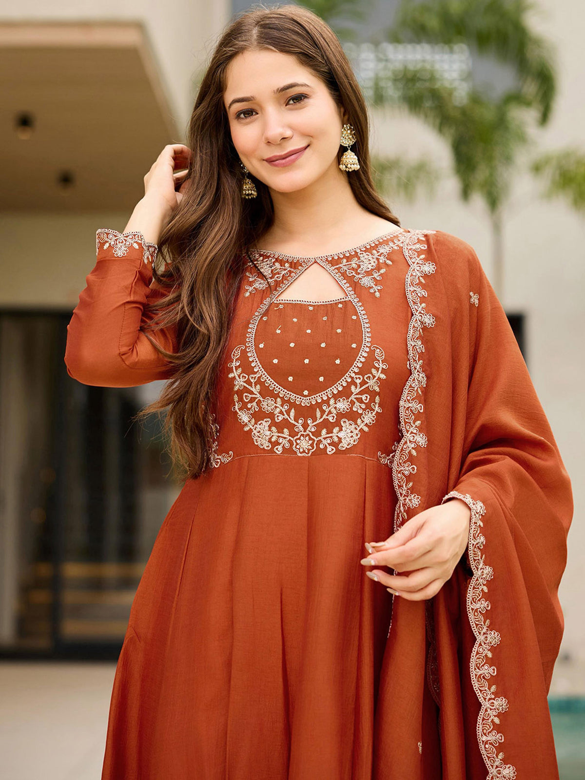 Designer Rust Anarkali Palazzo Dupatta Set for Women