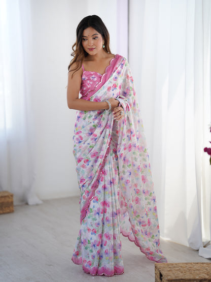 Designer Heavy Chinnon Saree with Kutchi Mirror Lace for Women