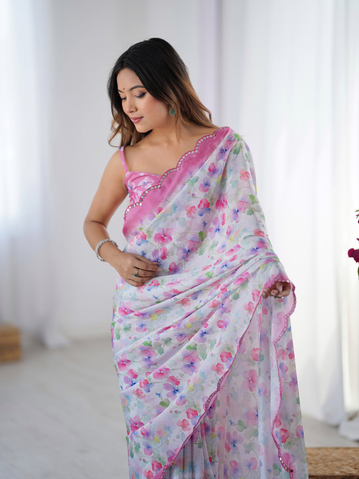 Designer Heavy Chinnon Saree with Kutchi Mirror Lace for Women