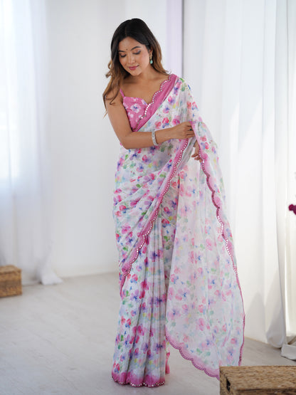 Designer Heavy Chinnon Saree with Kutchi Mirror Lace for Women