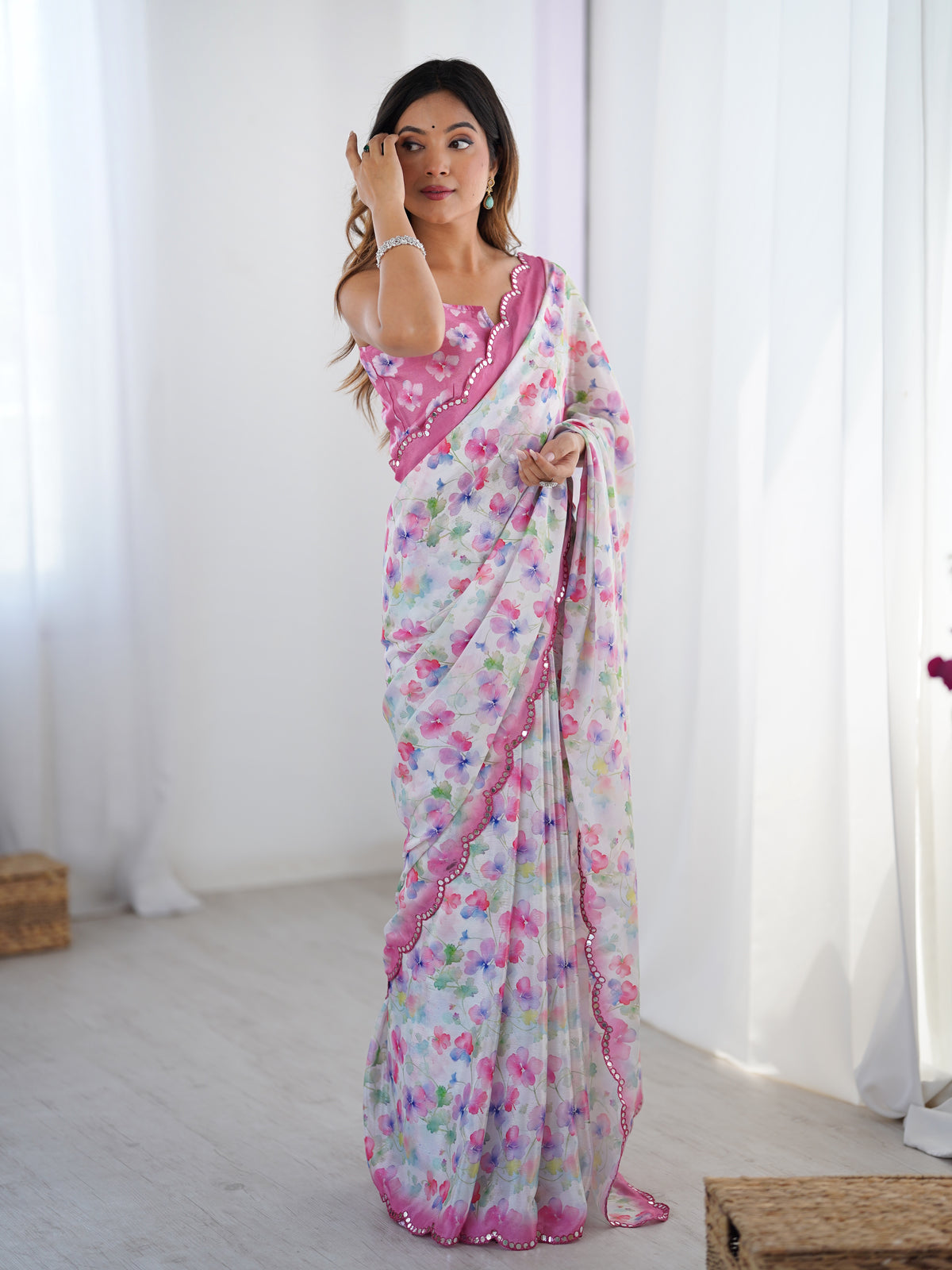 Designer Heavy Chinnon Saree with Kutchi Mirror Lace for Women
