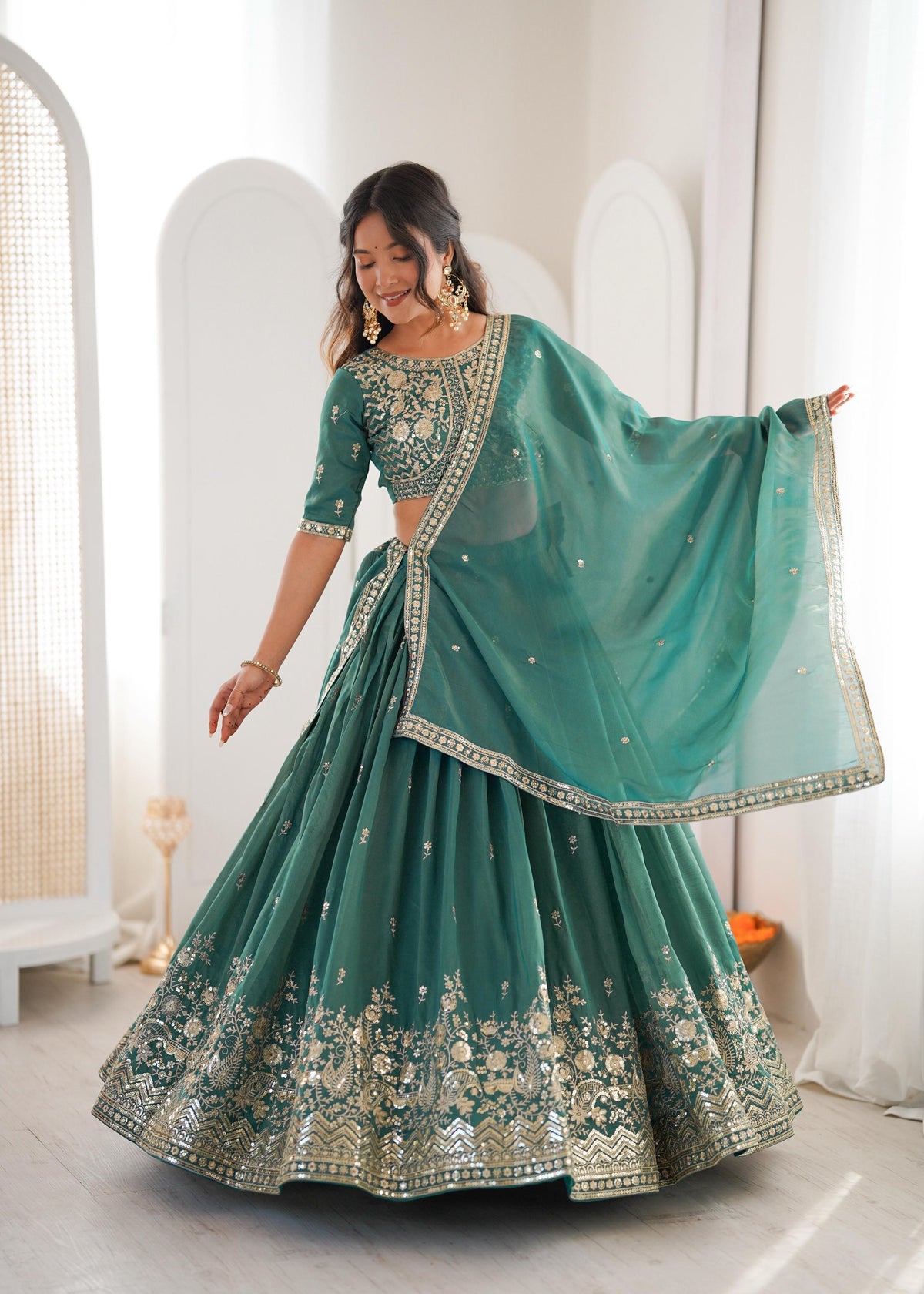 Designer Threadwork Silk Lehenga Choli Set with Dupatta for Women