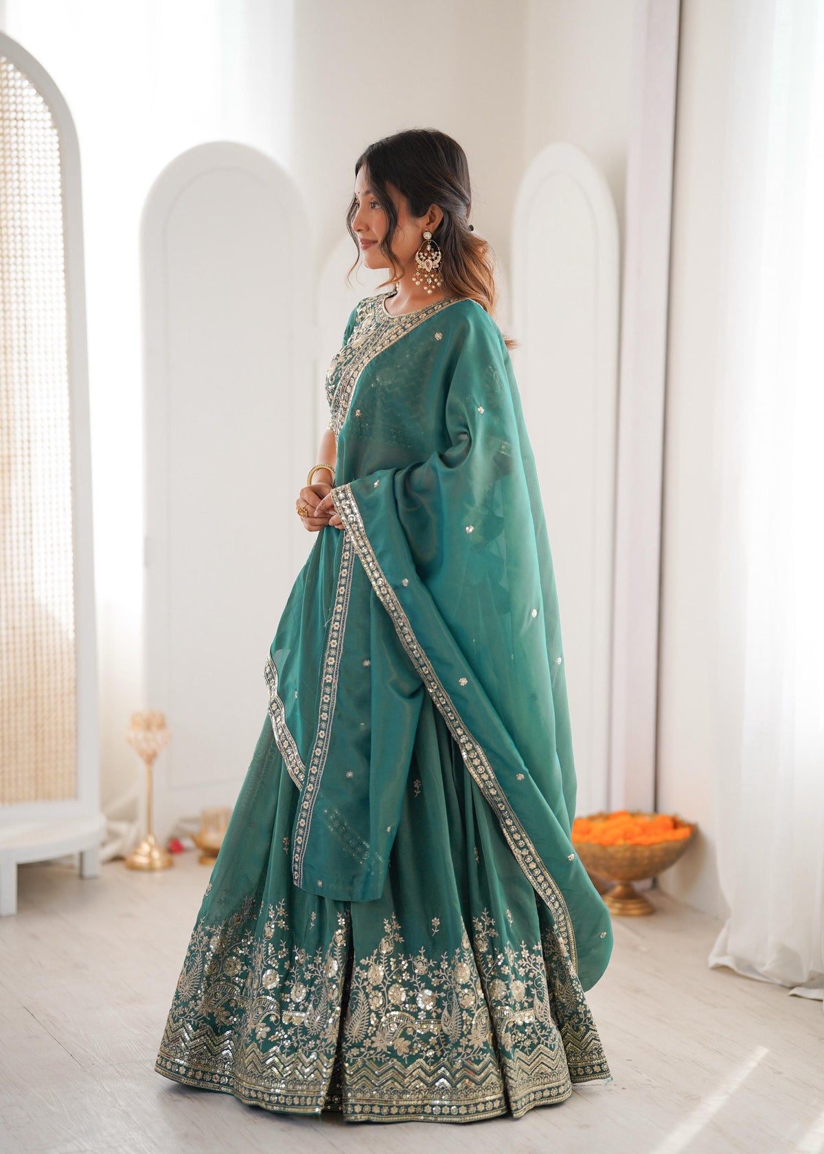 Designer Threadwork Silk Lehenga Choli Set with Dupatta for Women