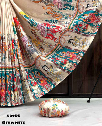 Designer Off White Tussar Silk Saree with Kalamkari Print for Women