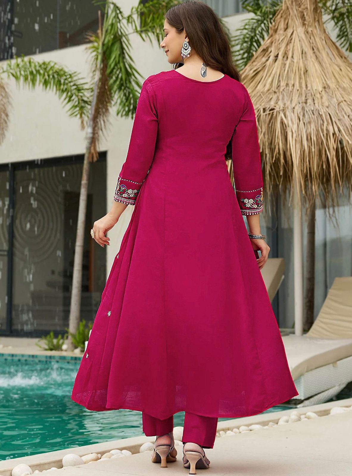 Designer Wine Kurta Pant Set with Floral Embroidery for Women