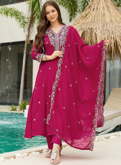 Designer Wine Kurta Pant Set with Floral Embroidery for Women