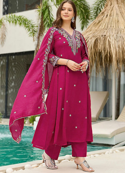 Designer Wine Kurta Pant Set with Floral Embroidery for Women