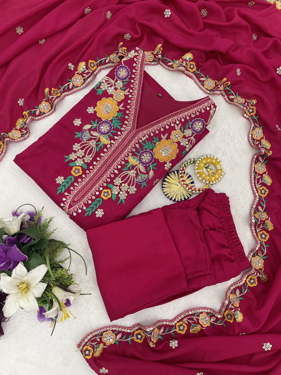 Designer Wine Kurta Pant Set with Floral Embroidery for Women