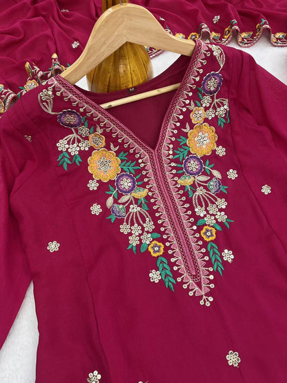 Designer Wine Kurta Pant Set with Floral Embroidery for Women