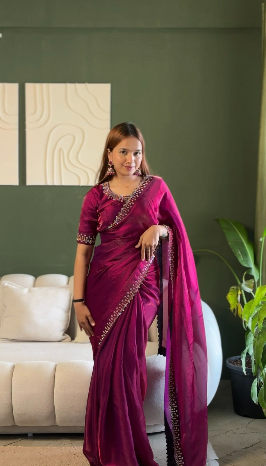 Designer Wine Silk Saree with Elegant Diamond Finish