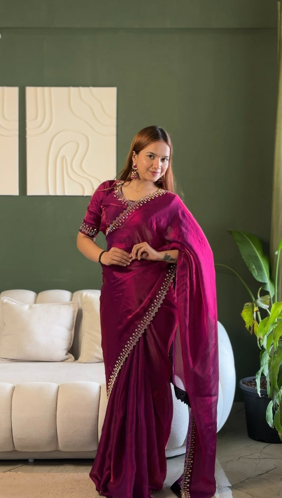 Designer Wine Silk Saree with Elegant Diamond Finish for Women