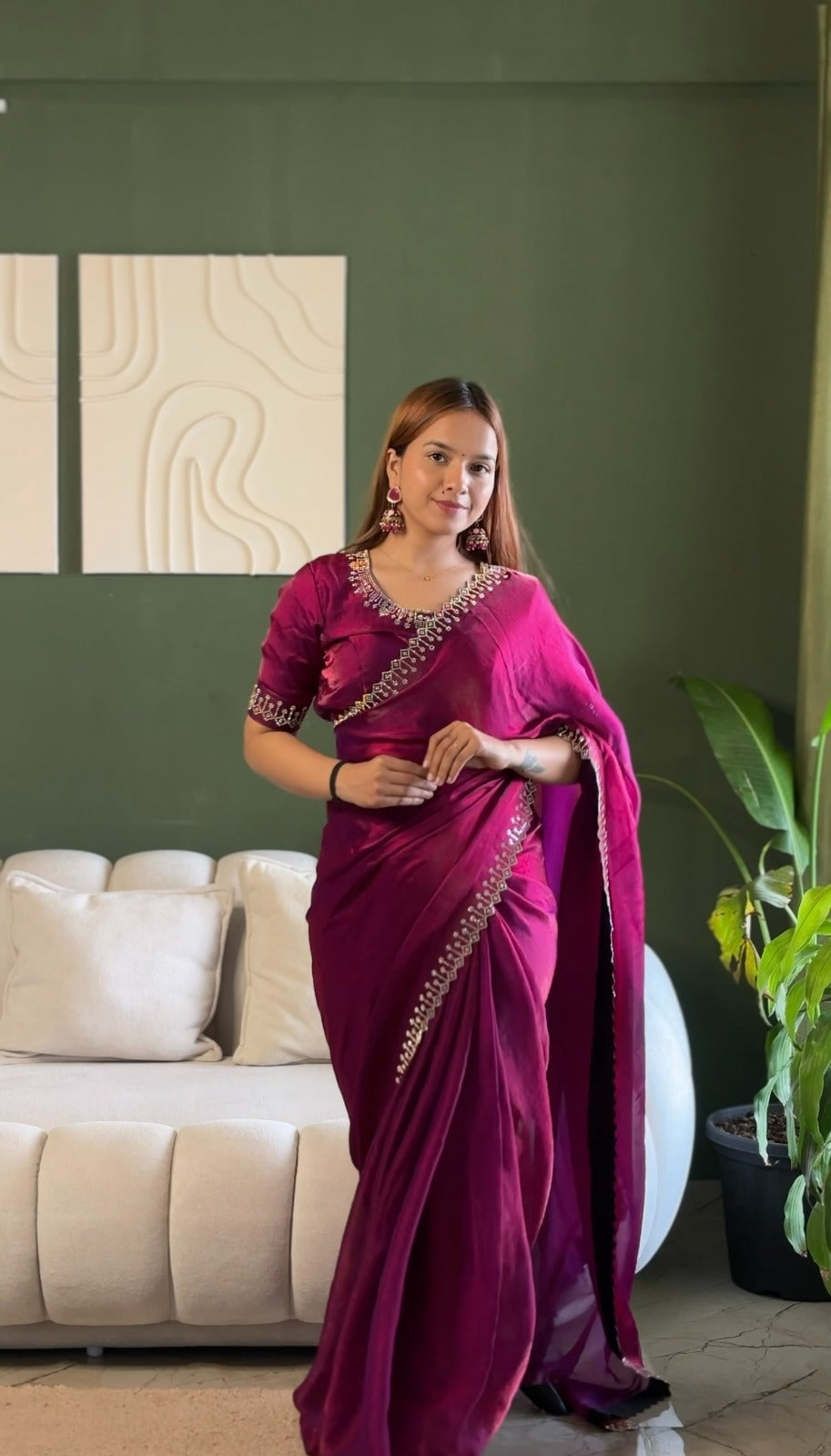 Designer Wine Silk Saree with Elegant Diamond Finish for Women