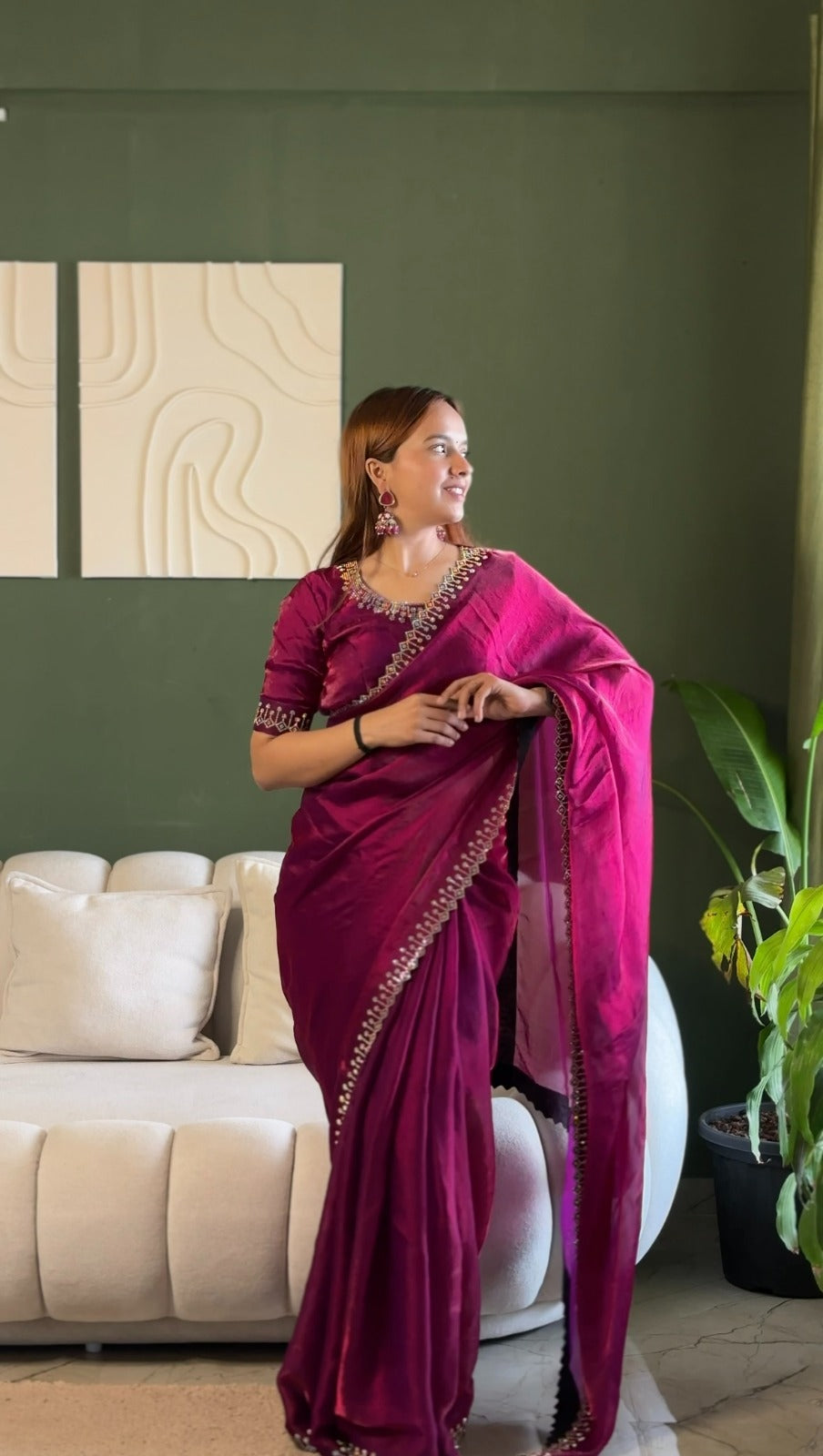 Designer Wine Silk Saree with Elegant Diamond Finish for Women