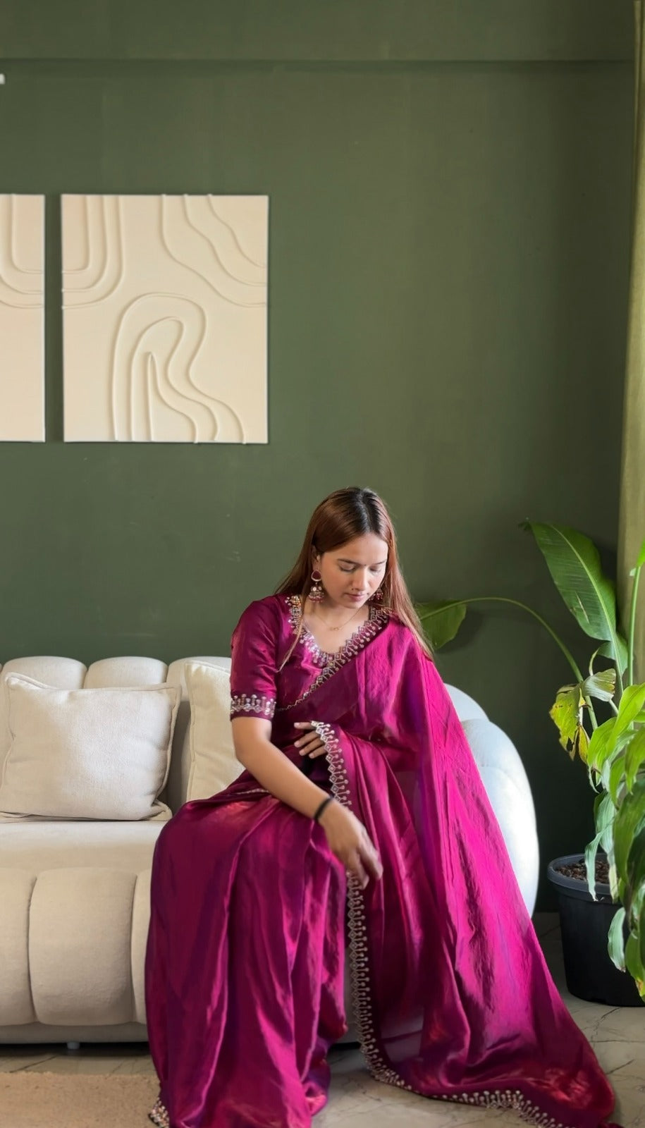 Designer Wine Silk Saree with Elegant Diamond Finish for Women