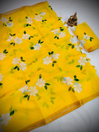 Designer Yellow Printed Saree with Blouse for Women