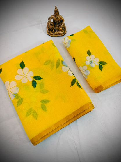 Designer Yellow Printed Saree with Blouse for Women