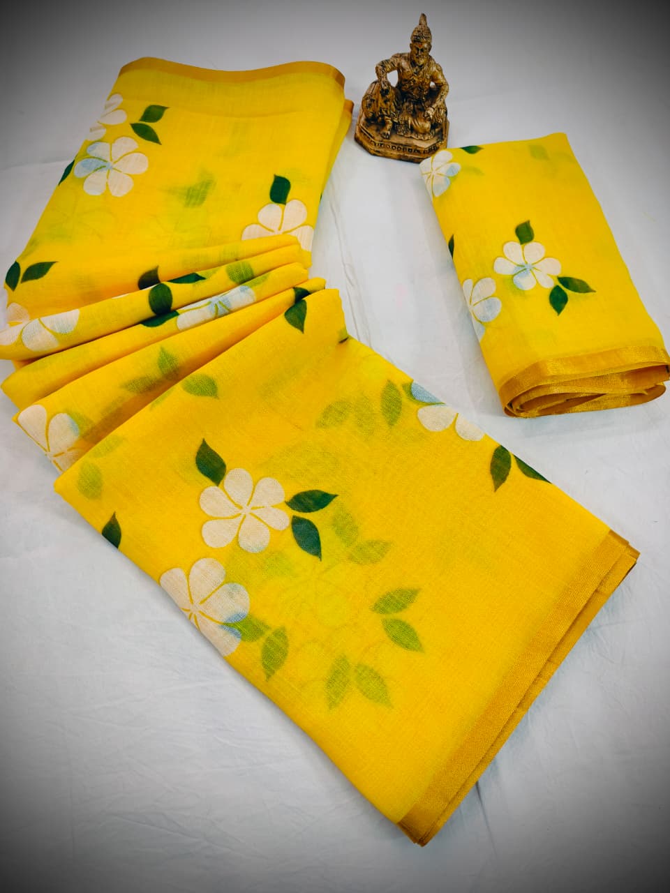 Designer Yellow Printed Saree with Blouse for Women