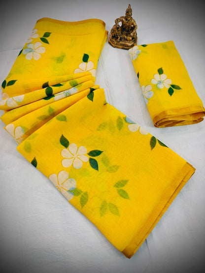Designer Yellow Printed Saree with Blouse for Women
