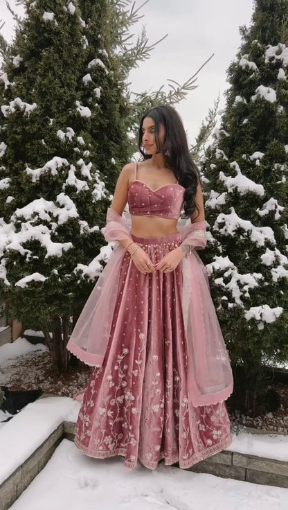 Dusty Pink Satin Embroidered Lehenga Set for Women