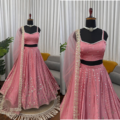 Dusty Pink Satin Embroidered Lehenga Set for Women