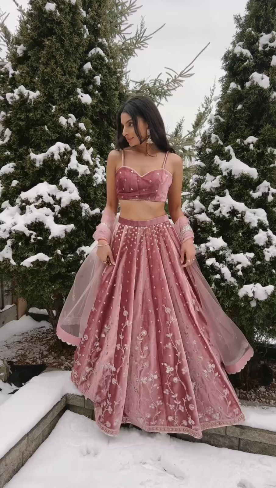Dusty Pink Satin Embroidered Lehenga Set for Women