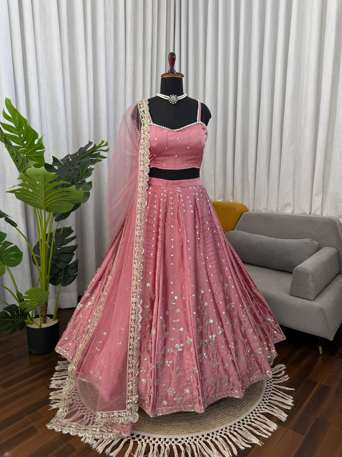 Dusty Pink Satin Embroidered Lehenga Set for Women